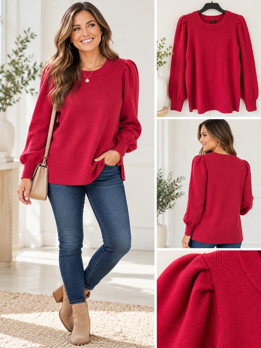 The Limited Womenโs 1X Red Puff Sleeve Crew Neck Sweater NWT